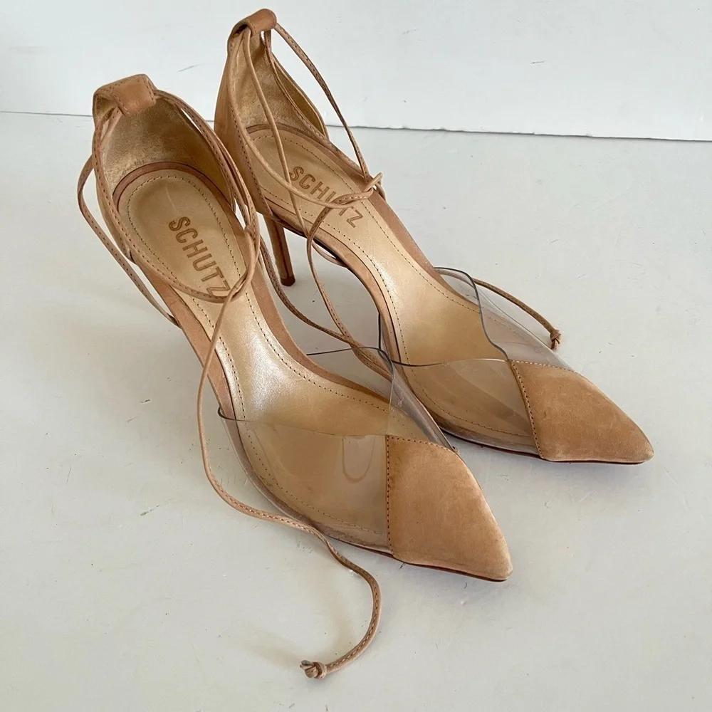 Schutz Tan Suede Ankle Tie Strappy Heels Size 7.5